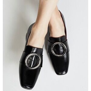 Dorateymur Black Leather Loafers Silver Ring Square Toe Shoes 37.5 EU